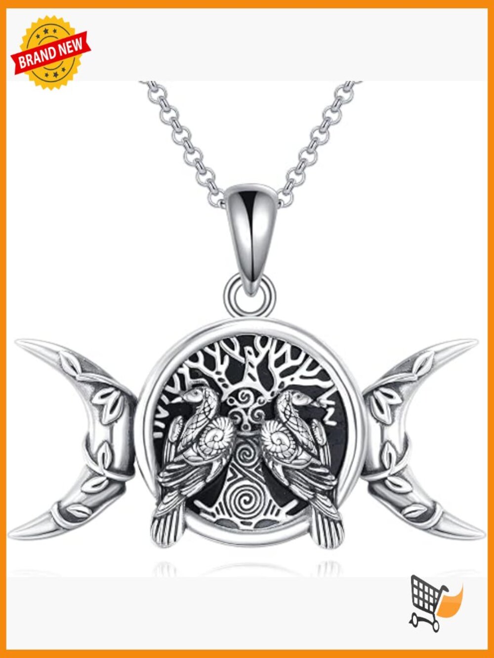 Raven Crow Crescent Moon Pendant Necklace Sterling Silver Witchy Jewelry